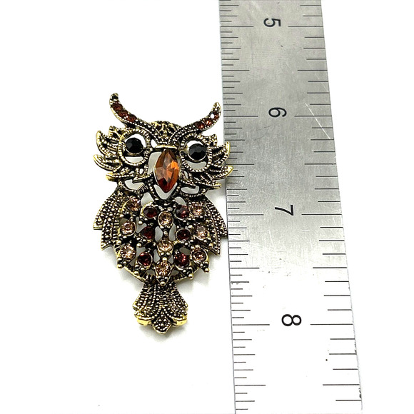 Owl Gold Tone Bronze Enamel And Rhinestone Accents Brooch Pin Unsigned NWOT - Picture 6 of 6